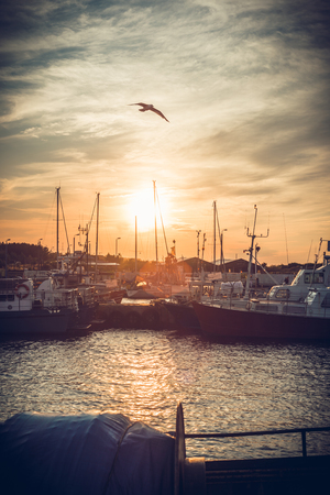 Sail Boats and motor boats moored in the harbor and dock with amazing view and nice sunset. Near sea and parts of fishing boats. Cruise and sea expeditions.の写真素材