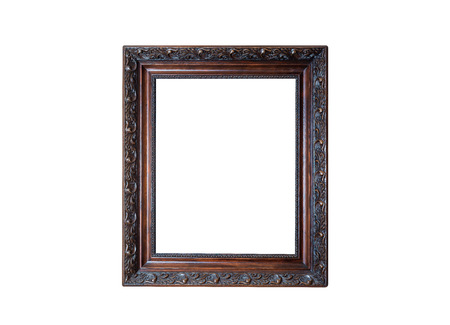 Wooden picture frame with blank. Old wooden picture frame isolated on white background ready to fill the content.の写真素材