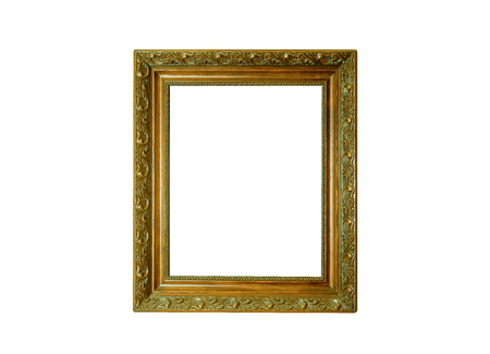 Wooden picture frame with blank. Old yellow gold wooden picture frame isolated on white background ready to fill the content.の写真素材