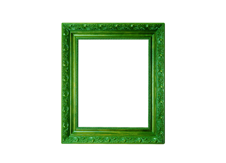 Wooden picture frame with blank. Old green wooden picture frame isolated on white background ready to fill the content.の写真素材