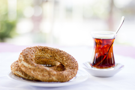 Bagels (traditional Turkish bagel) and Turkish teaの写真素材