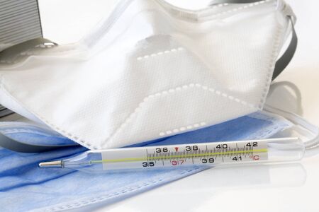 COVID-19 Coronavirus. Fever measurament with degree. Disposable breath filter medical face mask for...