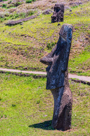 Moai statues in the Rano Raraku Volcano in Easter Island, Rapa Nui National Park, Chileの写真素材