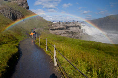 Iceland, Gullfoss waterfall. Captivating scene with rainbow of Gullfoss waterfall that is the most powerful waterfall in Iceland and Europe. Picturesque summer scene with amazing Icelandic waterfall.の写真素材