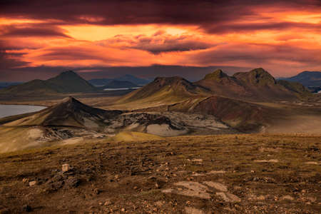 Landscape view of Landmannalaugar colorful mountains and glacier, Icelandの写真素材