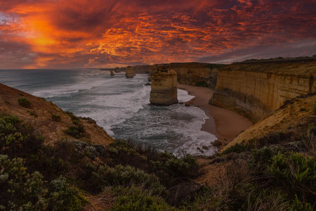 Sunset at the twelve Apostles along the famous Great Ocean Road in Victoria, Australiaの写真素材