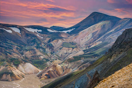 Landscape view of Landmannalaugar colorful mountains and glacier, Icelandの写真素材