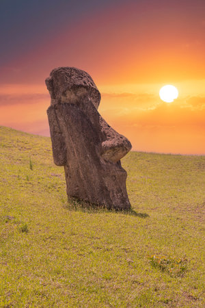 Moai statues in the Rano Raraku Volcano in Easter Island, Rapa Nui National Park, Chileの写真素材