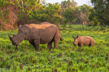 White rhinoceros (Ceratotherium simum) with calf in natural habitat, South Africaの写真素材