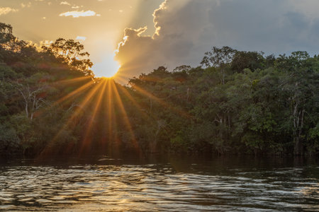 Sunrise over the mountains of the Sierra Nevada de Santa Marta on the way to Lost Cityの写真素材