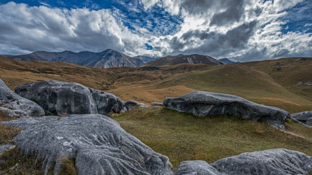 The beautiful landscape of the southern island of New Zealand is a mountain range of lake forests.の写真素材