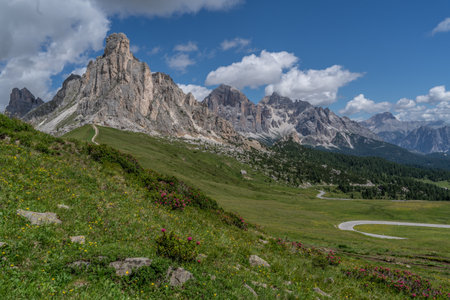 Cloudy Dolomites Gusela mountain, Passo di Giau with peak Ra Gusela. Location place Dolomiti Alps, Cortina d'Ampezzo, South Tyrol, Italy, Europe.の写真素材