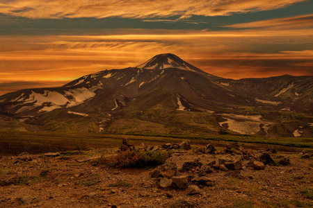 Panoramic view of volcanoes: Koryaksky Volcano, Avacha Volcano, Kozelsky Volcano. Russian Far East, Kamchatka Peninsula.の写真素材