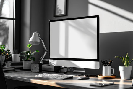 Elegant Workspace Sleek Desktop Branding Mockup with a Blank Screenの素材