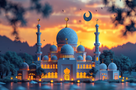 Modern 3D Rendition Sleek Mosque Silhouette in Dynamic Motionの素材