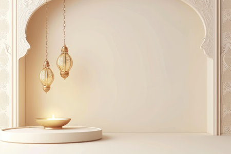 Ramadan Festival Golden Lantern and Empty White Plate on a Decorative Backgroundの素材