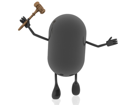 3d pill figure with hammer for justice の写真素材