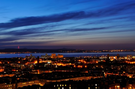 View on Edinburgh city and harbor in night from Nationl Monument, Scotlandの写真素材