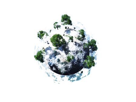 small planet with huge tree with clouds float over sea in sunny day, isolated on white