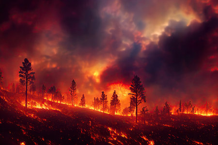 Burning forest in the mountains. Wildfire in the forest.の素材