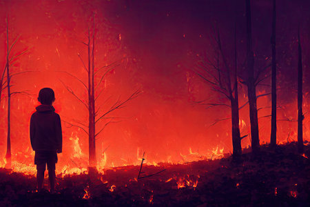 Silhouette of a child standing in the middle of a forest fireの素材