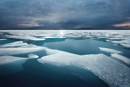 Beautiful winter landscape with ice floes in the sea at sunsetの素材