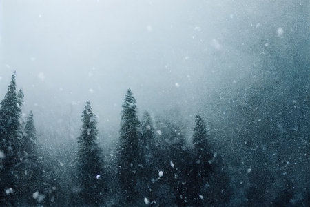 Foggy winter forest with snowflakes. Winter landscape.の素材