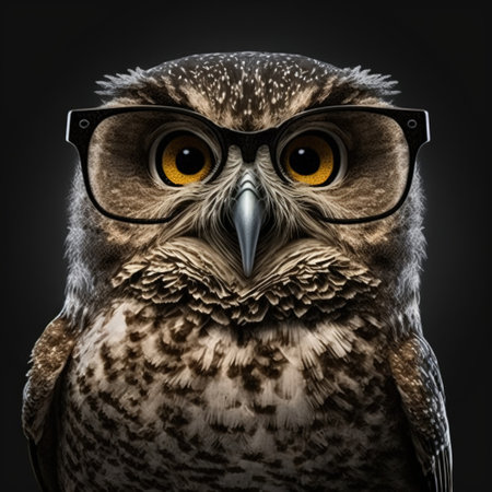 Portrait of an owl with glasses isolated on a black background.の素材