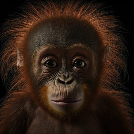 Portrait of a female orangutan on a black background.の素材