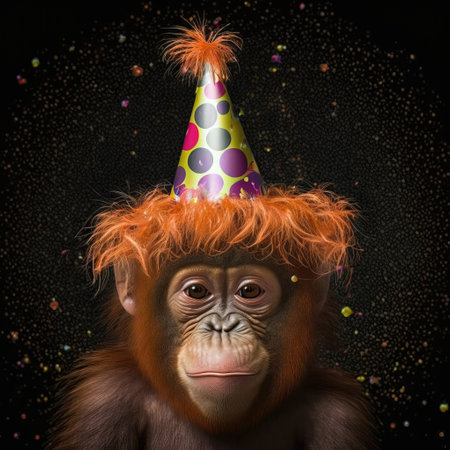 funny monkey with party hat on black background with colorful confettiの素材