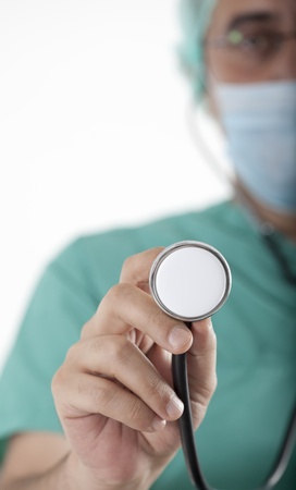 Doctor in green uniform with stethoscopeの写真素材