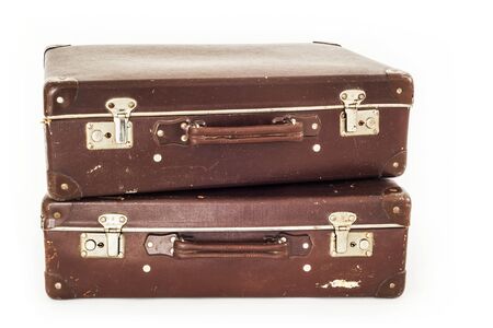 Two vintage suitcases on white backgroundの写真素材