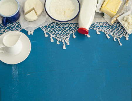 Dairy products on wooden tableの写真素材
