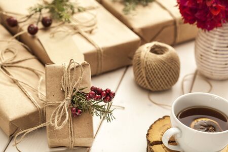 Gift boxes on wooden backgroundの写真素材