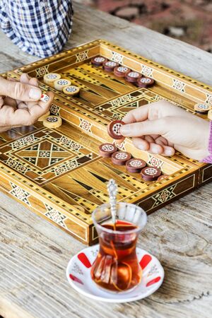 Backgammon game with two diceの写真素材