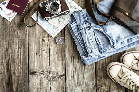 Travel concept on wooden tableの写真素材