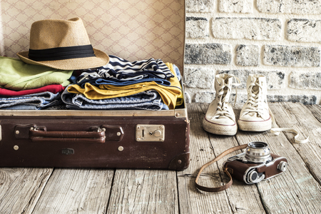 Travel concept on wooden tableの写真素材