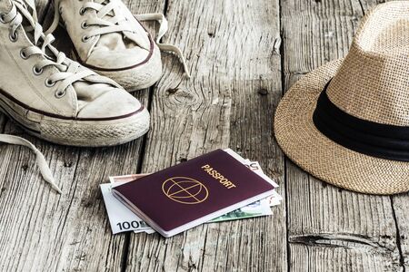 Travel concept on wooden tableの写真素材