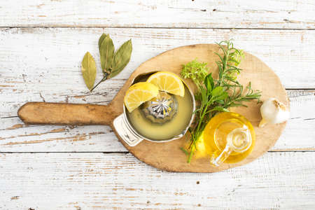 Spices and herbs on wooden backgroundの写真素材