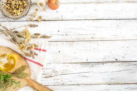 Spices and herbs on wooden backgroundの写真素材