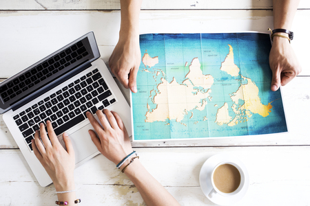 Travel planning on computerの写真素材