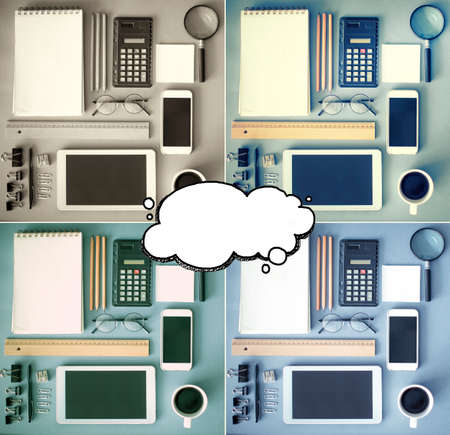 Different color square working table thoughts with air bubblesの写真素材