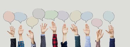 Hands raised with speech bubble