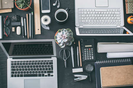 Business table with stationery equipmentsの写真素材