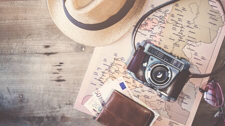 Travel concept on wooden backgroundの写真素材