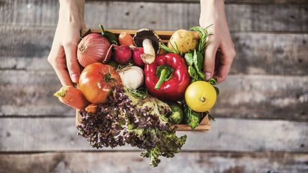 Organic vegetables healthy nutrition concept on wooden backgroundの写真素材