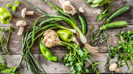 Organic vegetables healthy nutrition concept on wooden background