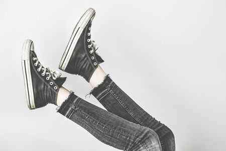 Woman wear black sneaker shoesの写真素材