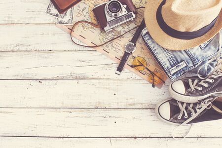 Travel concept on wooden backgroundの写真素材