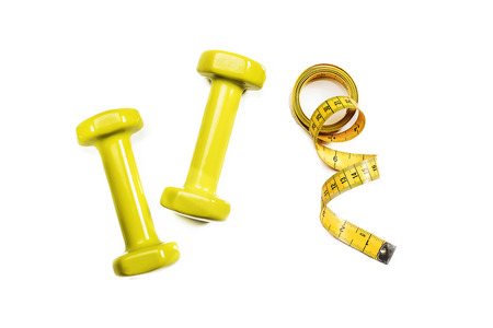 Sport dumbbells with tape measure on white backgroundの写真素材